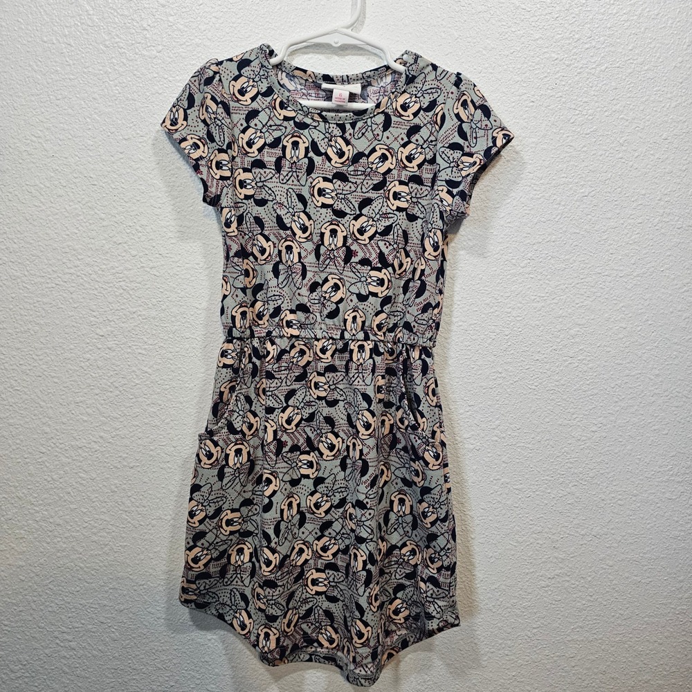 LuLaRoe Disney Minnie Mouse Dress Kids 6 Gray Pink Short Sleeve Pockets